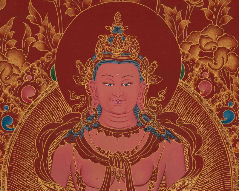 Amitayus Buddha Thangka | Hand-Painted on Red Background for Longevity and Wisdom