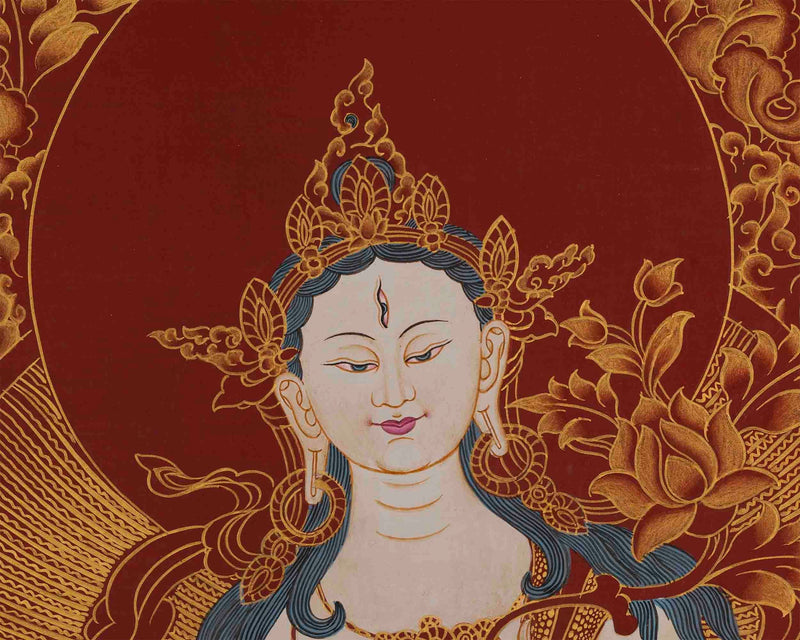 White Tara on Red Background | Female Bodhisattva Thangka Painting | Mother of Buddhas