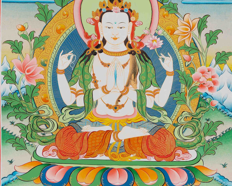 Traditional Chengrezig Thangka | Original Hand-Painted Tibetan Bodhisattva Arts