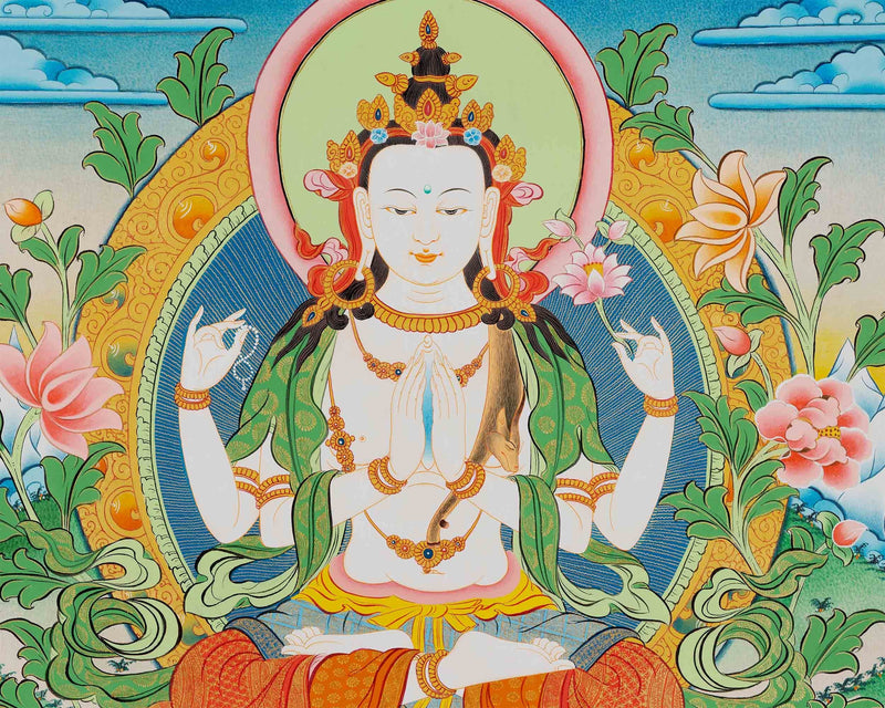 Traditional Chengrezig Thangka | Original Hand-Painted Tibetan Bodhisattva Arts