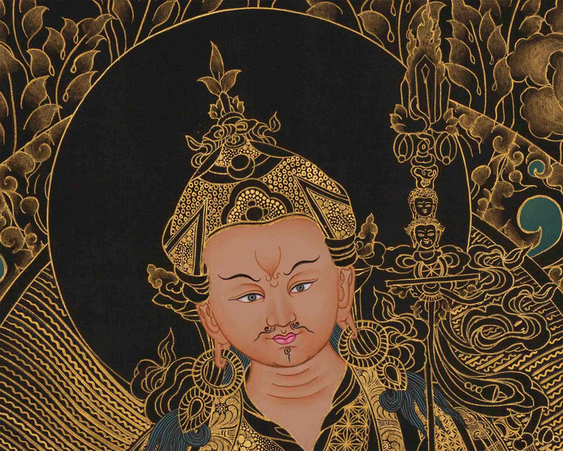 Gold and Black Guru Rinpoche Thangka | Traditional Tibetan Art of Padmasambhava