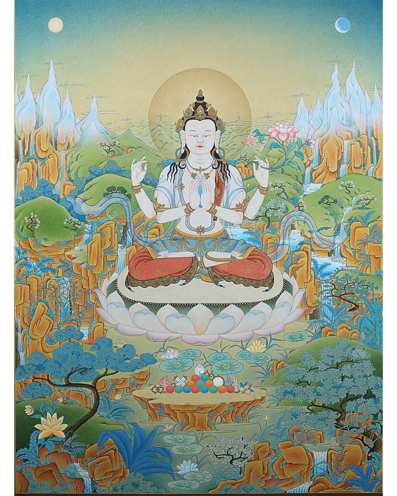 Avalokiteshvara Bodhisattva Thangka, Chenrezig Himalayan Vajrayana Buddhist Art, Chenrezig thangka