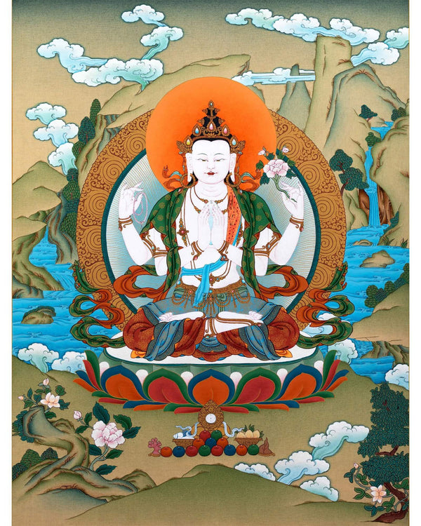 Avalokiteshvara, Chenrezig Bodhisattva Thangka Painting, Tibetan Vajrayana Painting