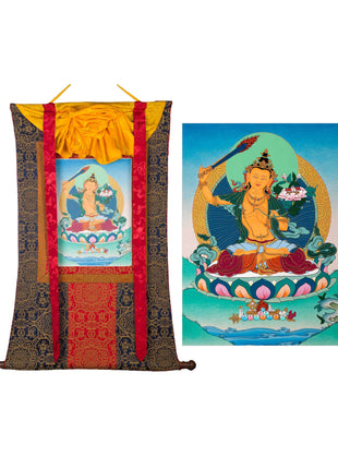 Manjushree Art Brocade | Wisdom Bodhisattva Thangka |  Himalayan Buddhist Wall Painting