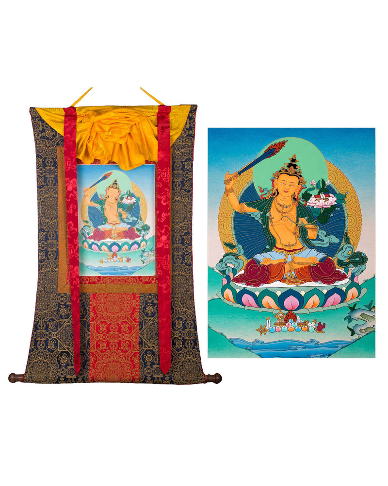 Manjushree Art Brocade | Wisdom Bodhisattva Thangka |  Himalayan Buddhist Wall Painting