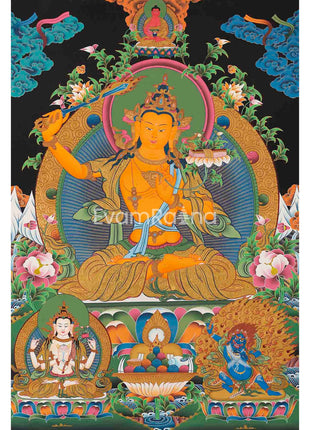 Original Hand-Painted Manjushri Thangka with Amitabha Buddha, Chengrezig and Vajrapani | Bodhisattva of Compassion and Wisdom |