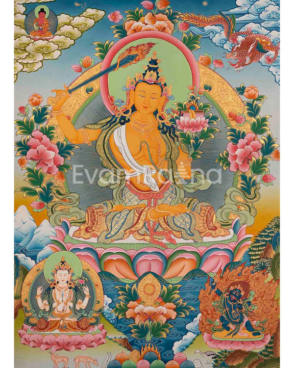 Original Hand-Painted Manjushri Thangka | Manjushri Bodhisattva | Ritual Thangka |