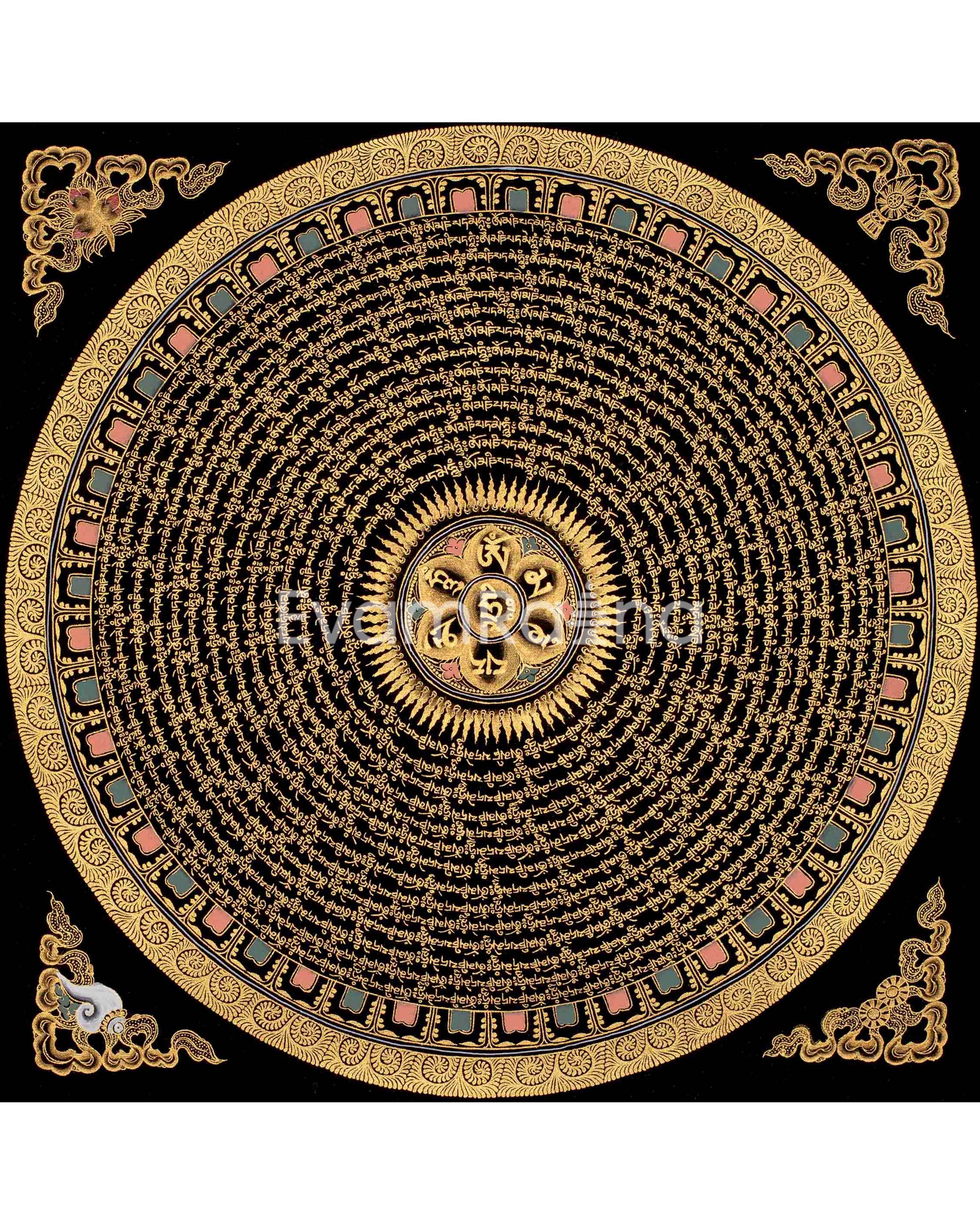 Original Hand Painted Mantra Mandala Thangka | Black And Gold Style Mandala | Wall Hanging Decor |