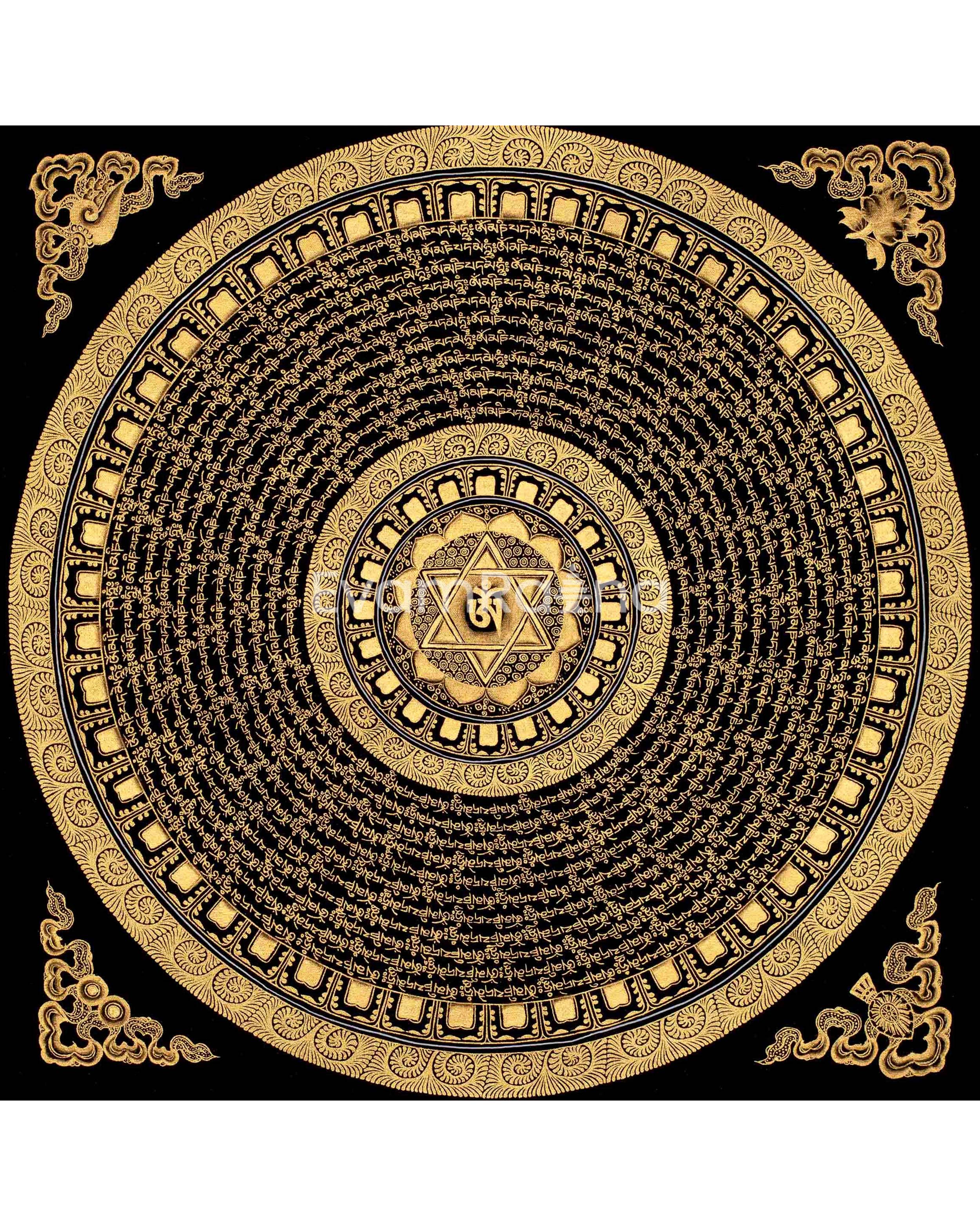 Genuine Hand Painted Mantra Mandala Thangka | Original Black And Gold Style Mandala | Wall Hanging Decor | Yoga & Meditation | Zen Wall Art