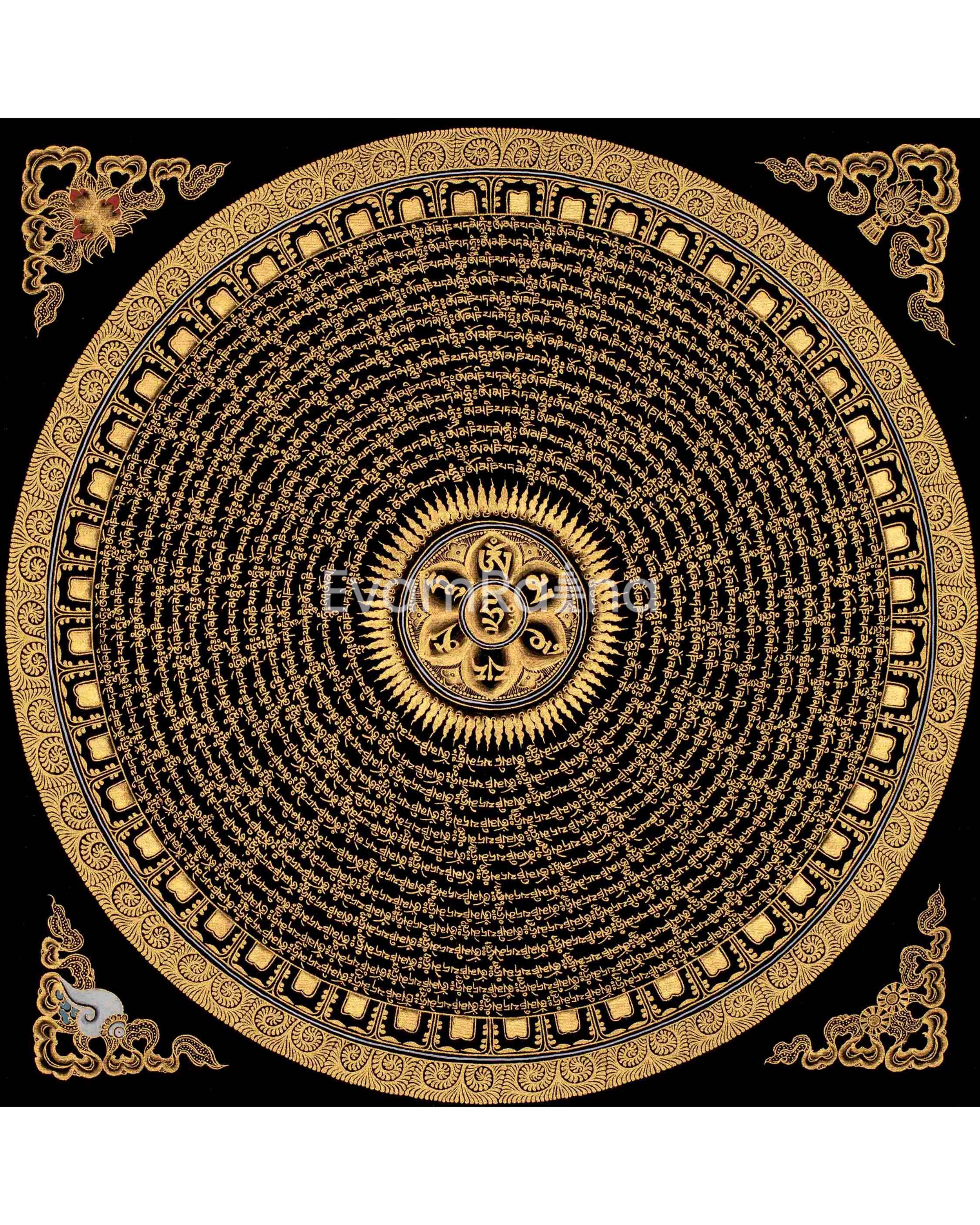 Original Hand Painted Mantra Mandala Thangka | Black And Gold Style Mandala | Wall Hanging Decor |