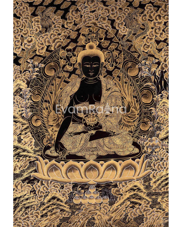 Black and Gold Style Medicine Buddha | Original Hand-Painted Tibetan Thanka | Healing Buddha |