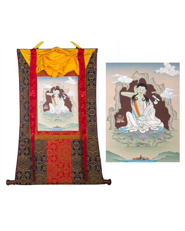 Milarepa Brocade Thangka | Tibetan Buddhist Master Art