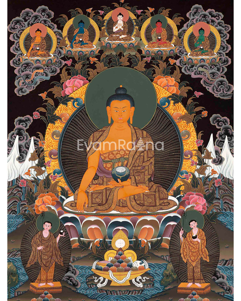 Original Shakyamuni Buddha Thangka with Five Buddhas at the Top | Perfect For Your Meditation Altar |