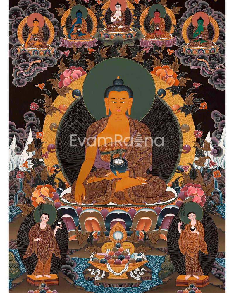 Original Shakyamuni Buddha Thangka with Five Buddhas at the Top | Perfect For Your Meditation Altar |