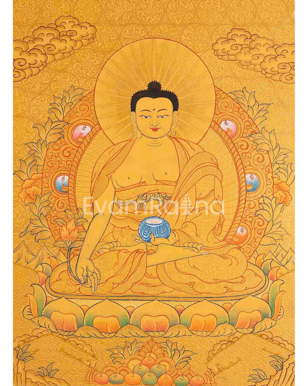 24k Gold Style Original Tibetan Buddhist Painting Of Shakyamuni Buddha, Amitayus Buddha, and Green Tara Thangka | Yoga Meditation Canvas Art