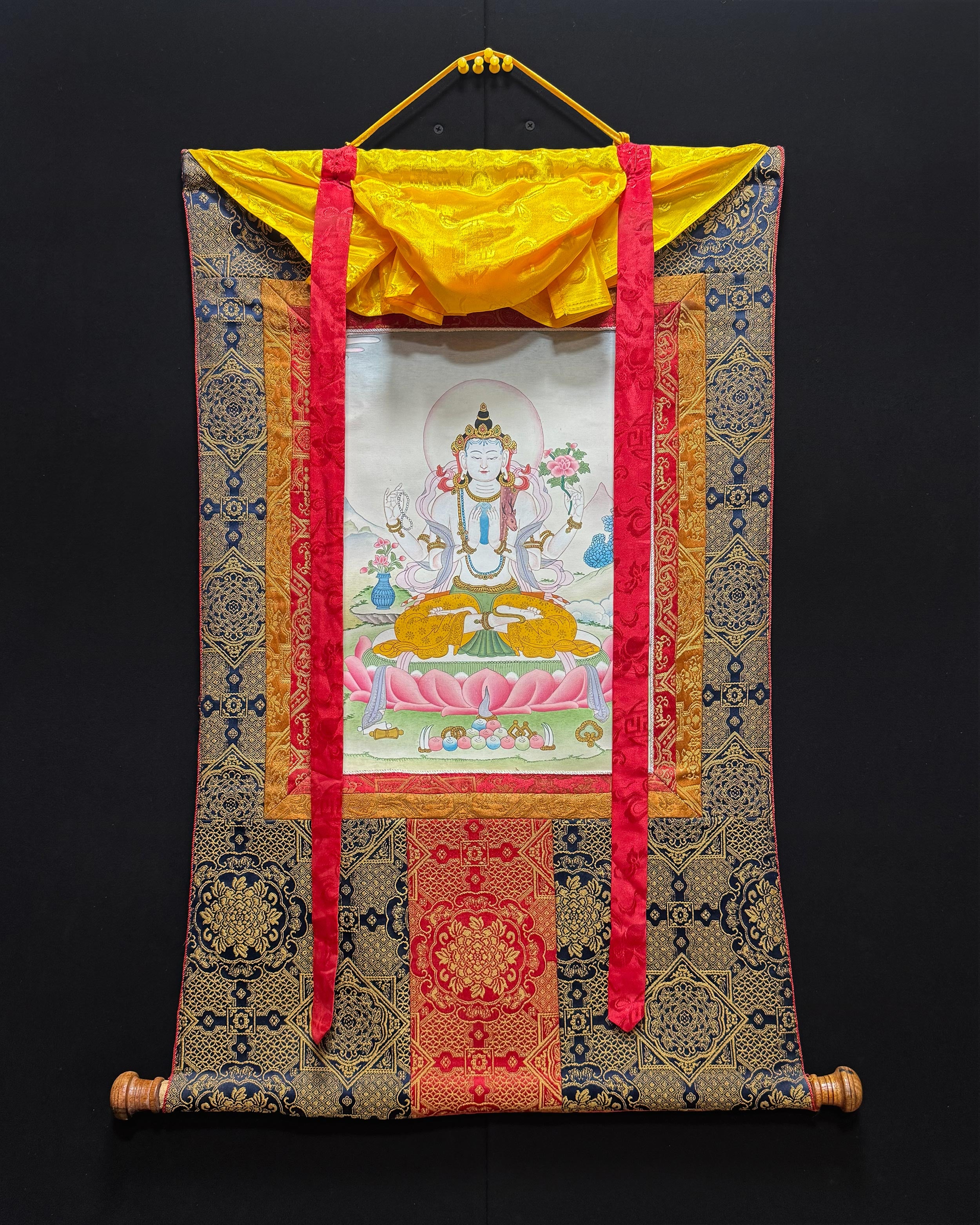 Chenrezig Thangka With Brocade | Embodiment of Universal Love