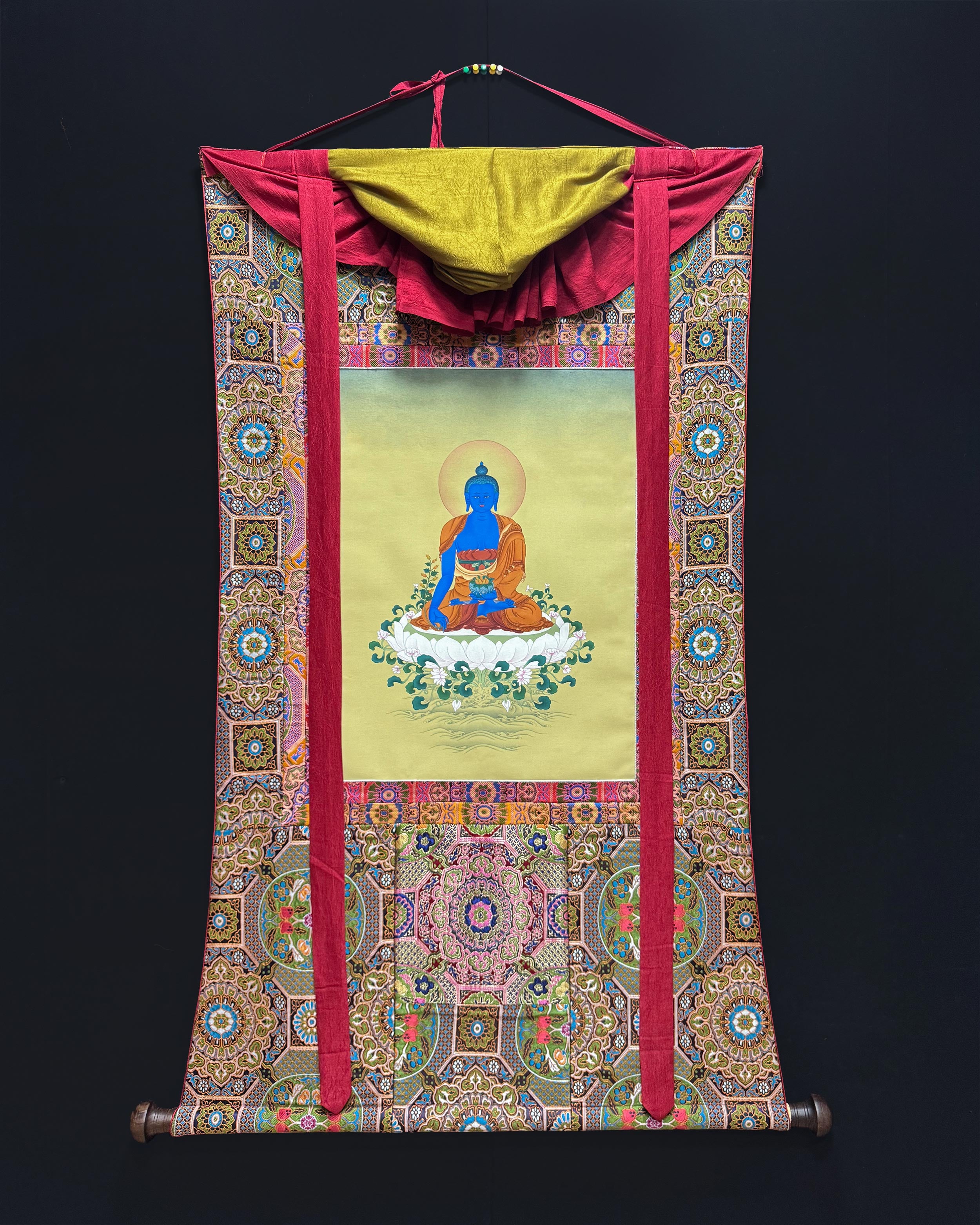 Traditional Bhaisajyaguru Artwork | Medicine Buddha | Spiritual Thangka with Brocade