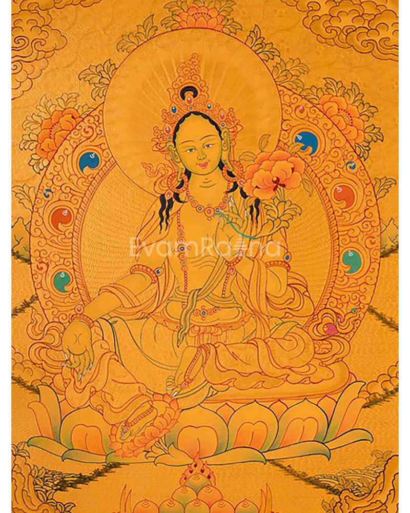 24k Gold Style Original Tibetan Buddhist Painting Of Shakyamuni Buddha, Amitayus Buddha, and Green Tara Thangka | Yoga Meditation Canvas Art