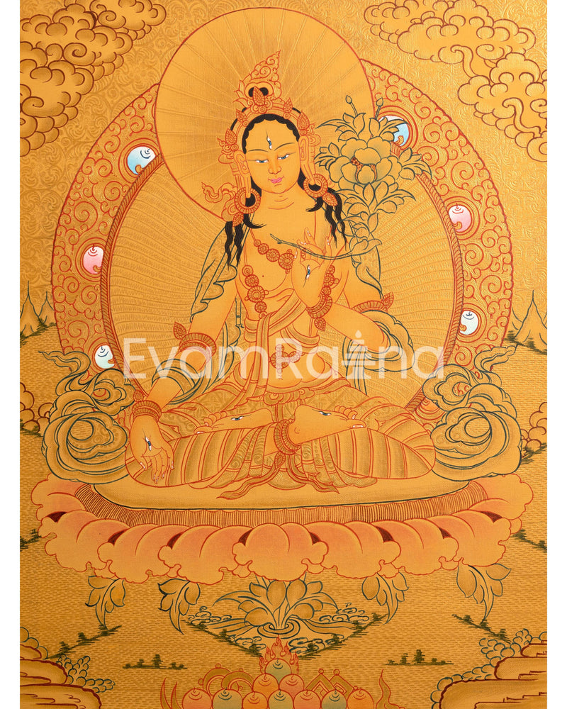 Hand-Painted Gold Chengrezig and White Tara Thangka | Tibetan Buddhism Arts