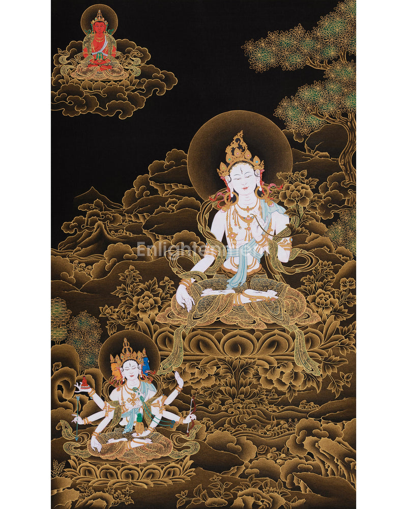 Hand-Painted Three Deities of Long Life: White Tara, Amitayus, and Namgyalma | Gold Embellished Thangka