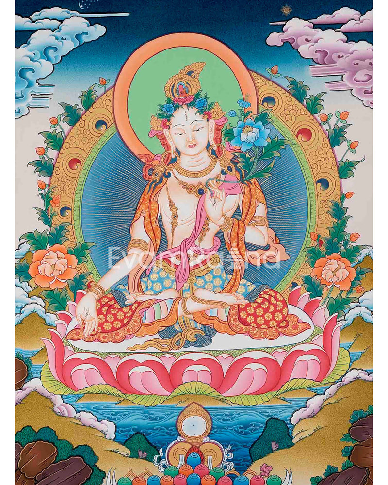 White Tara Thangka Art | Original Hand Painted Female Bodhisattva Art | Wall Decoration Painting |