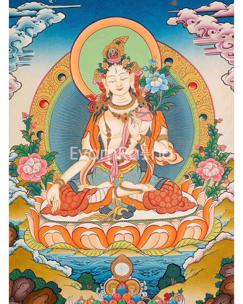 White Tara Thangka Art | Original Hand Painted Female Bodhisattva Art | Wall Decoration Painting |