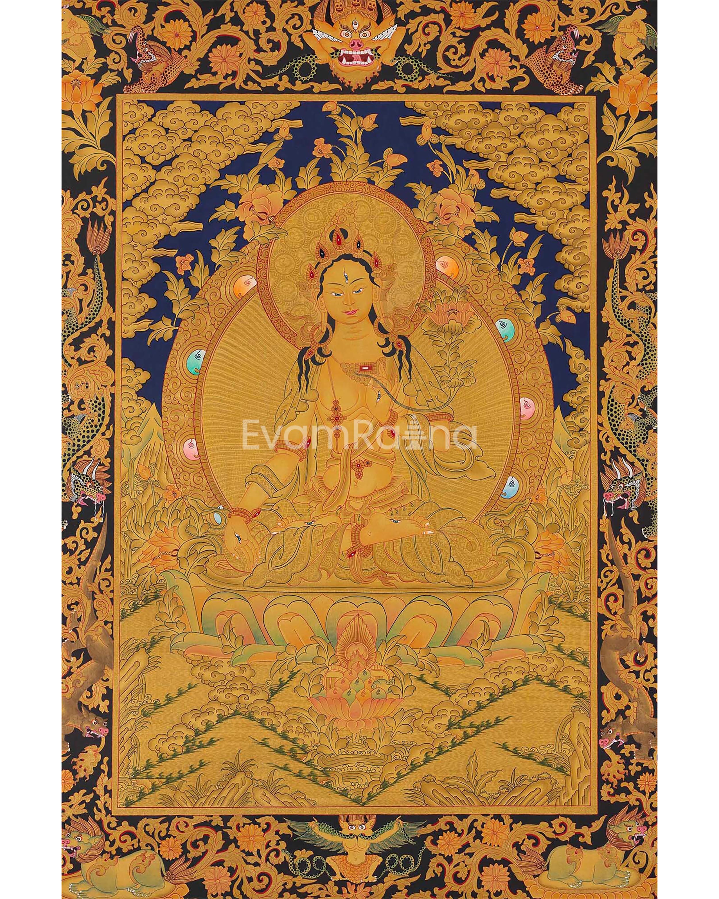 White Tara Thangka with Dragon Border | Original Hand-Painted Female Bodhisattva Art |