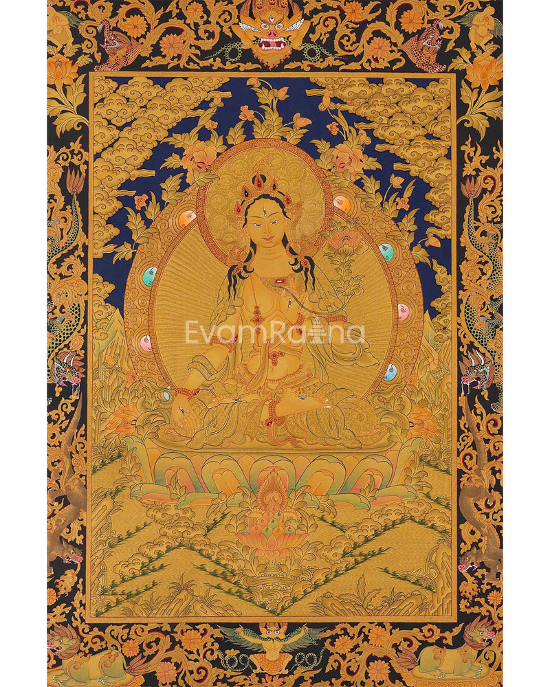 White Tara Thangka with Dragon Border | Original Hand-Painted Female Bodhisattva Art |