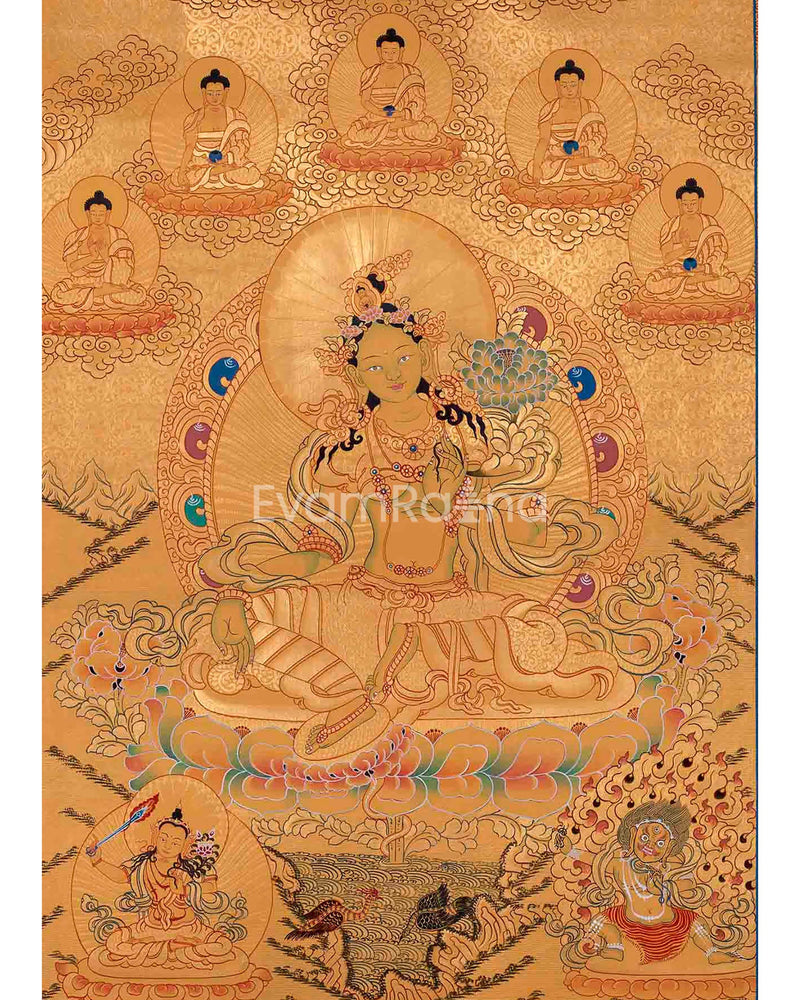 Full Gold Style Green Tara Thangka |Original Hand Painted Tibetan Buddhist Wall Hanging Healing Art |