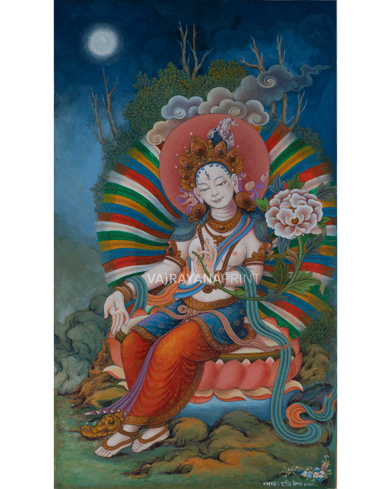 White Tara Goddess Buddhism Thangka Print For Prayers 