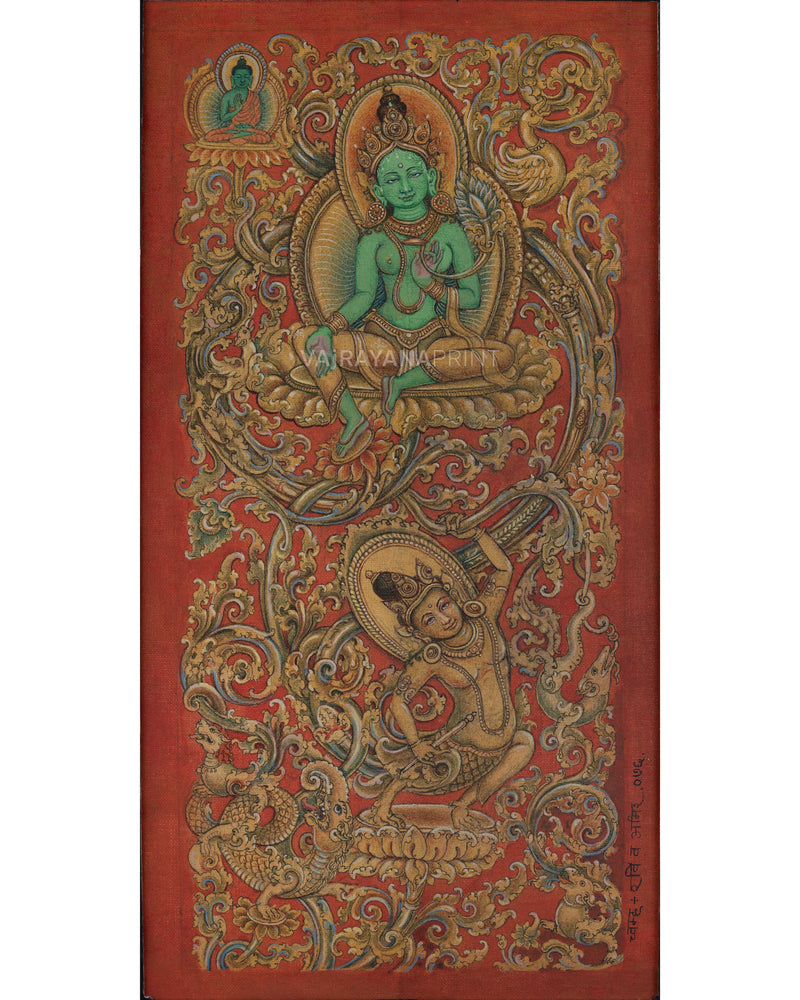 Mother Tara with Amoghasiddhi Thangka Print For Green Mantra Practice