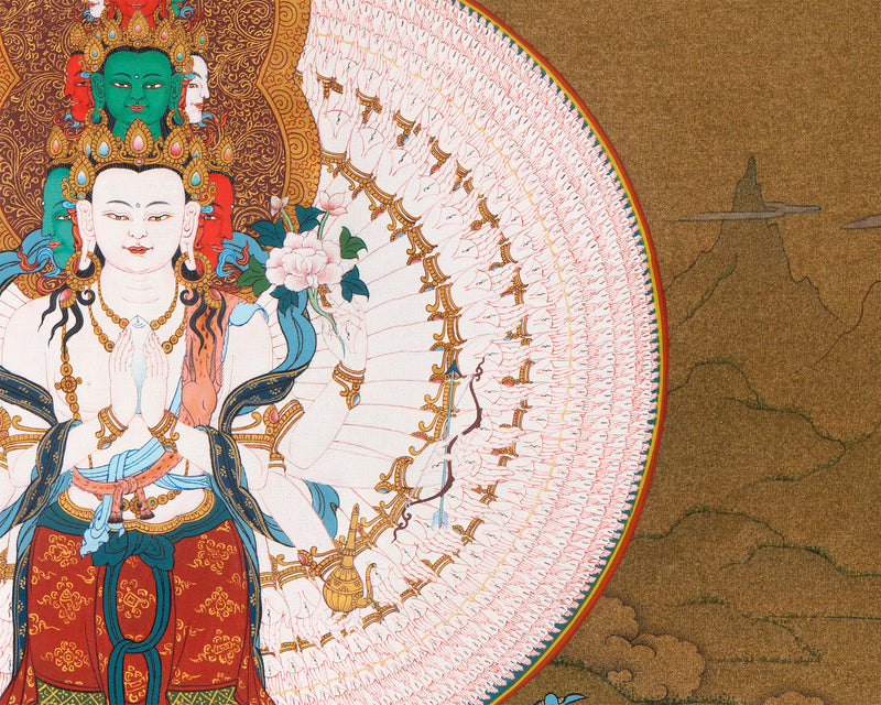Avalokiteshvara, Manjushri & Vajrapani Thangka (includes Brocade) , 1000 Armed Chenrezig, Tibetan Buddhist Art