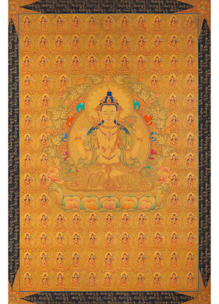 108 Chenrezig Avalokiteshvara Thangka | 24k Pure Gold Original Handmade Tibetan Thangka | Small Size Wall Decoration Painting | Mindfulness Meditation