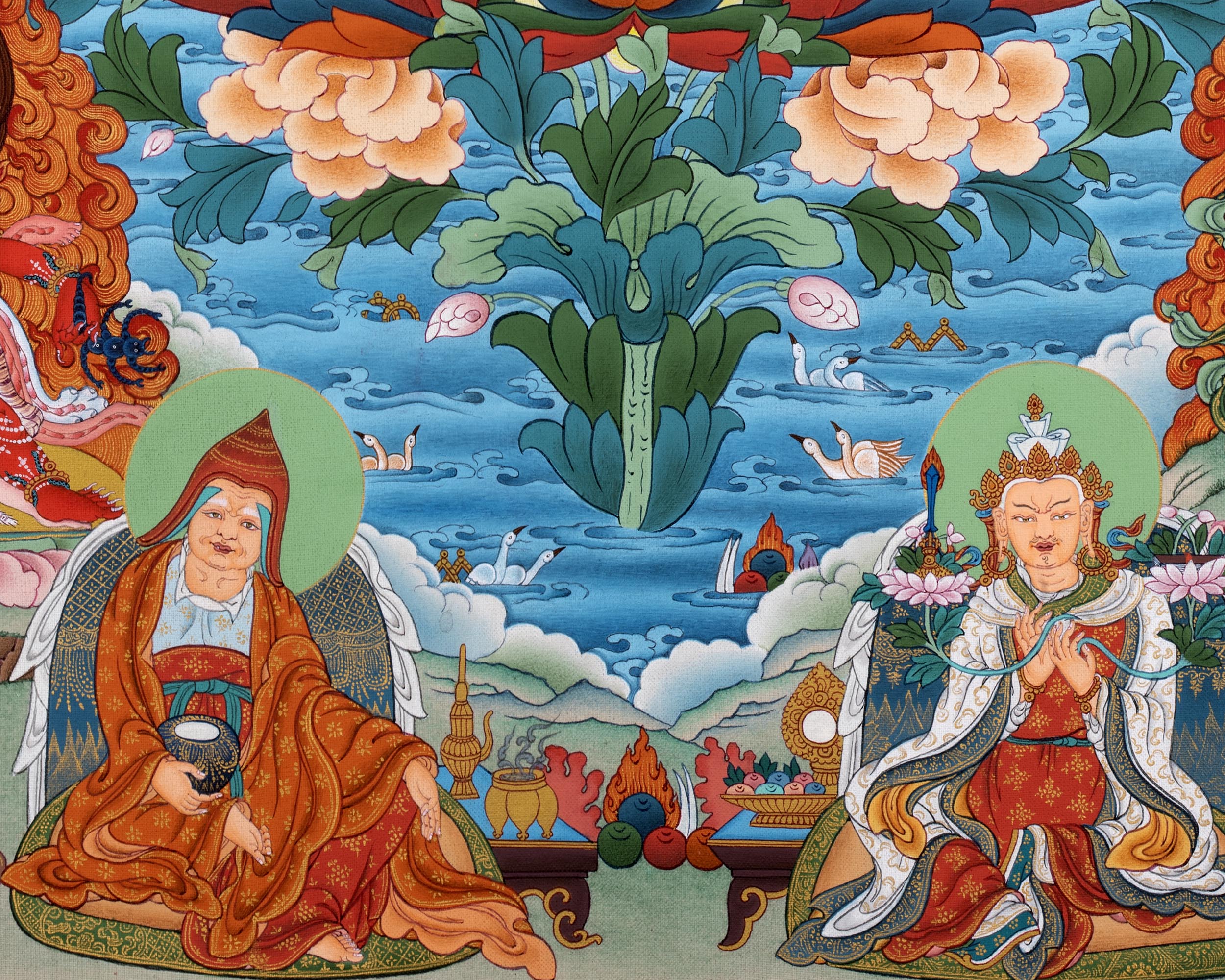 Guru Padmasambhava Thangka With Consorts, Buddhas And Bodhisattvas | Tibetan Art