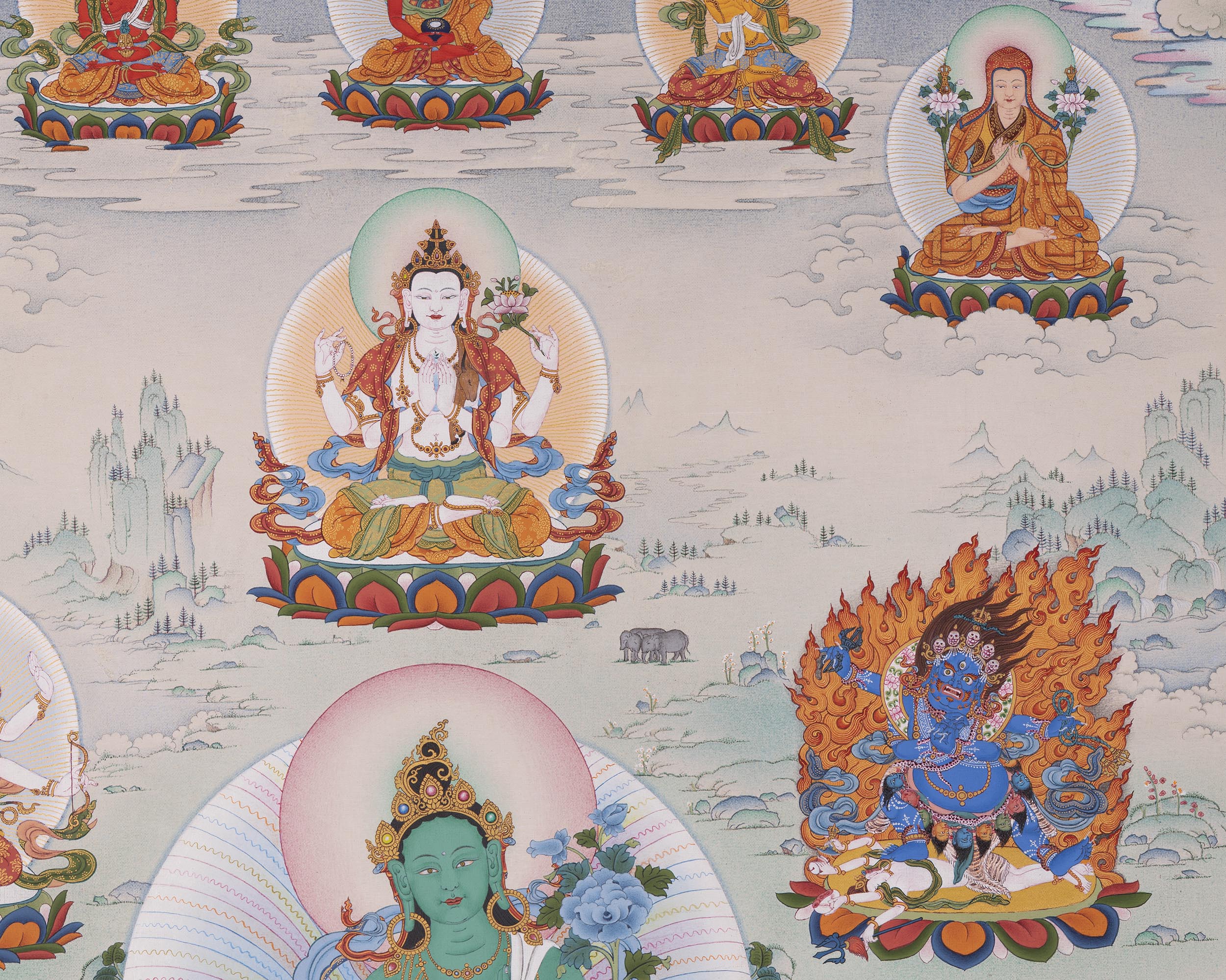 Green Tara with Buddhas and Bodhisattvas | Traditional Tibetan Thangka Print