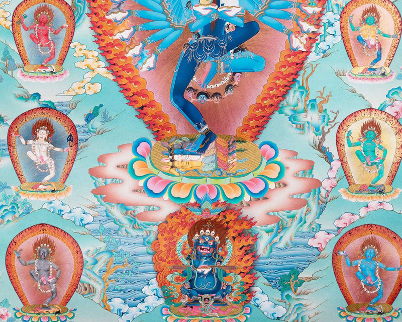 Hevajra With Eight Dakinis Thangka | Tibetan Vajrayana Print