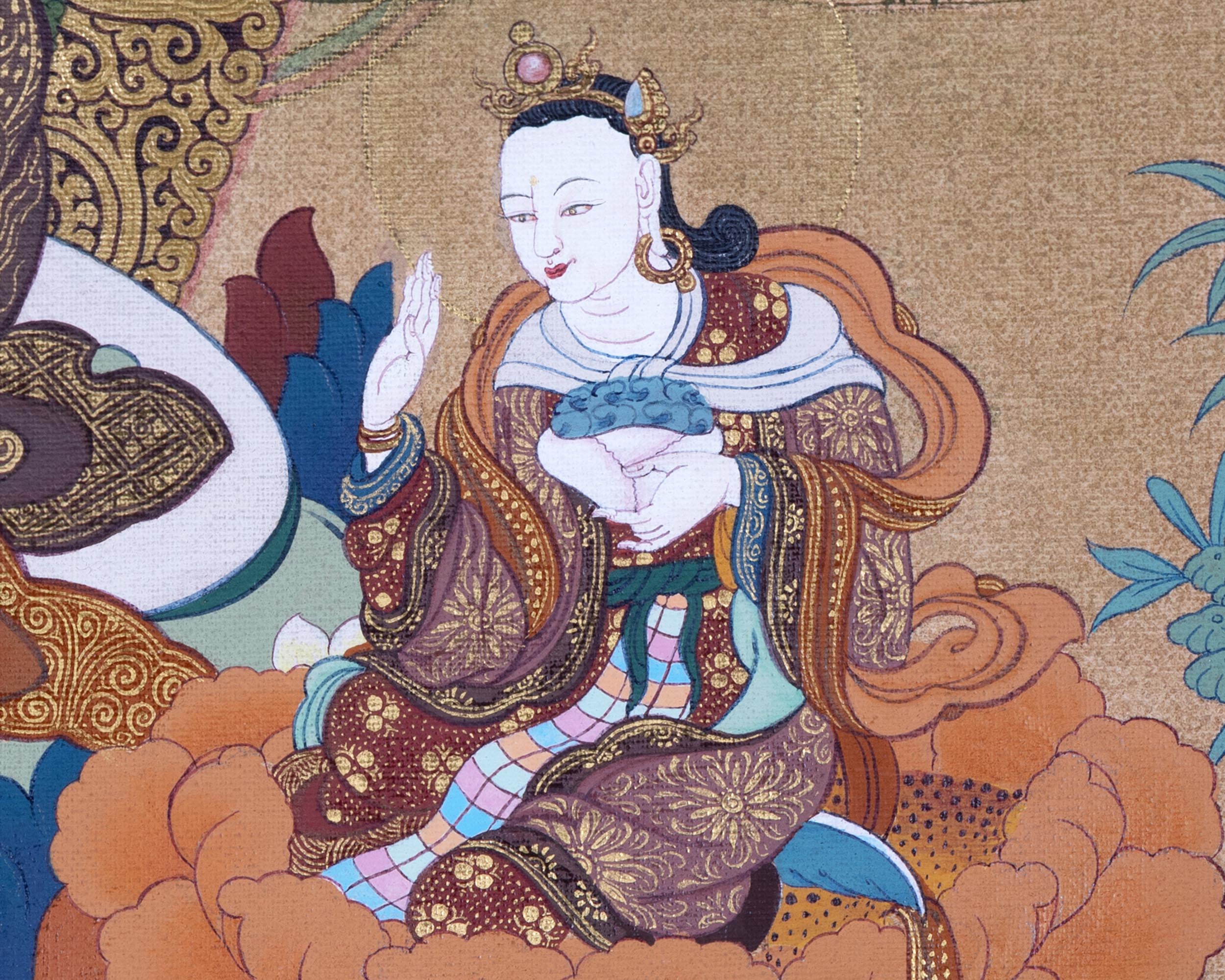 Guru Rinpoche With Guru Norla and Urgen Menla Thangka | Vajrayana Thangka Prints | Buddhist Art