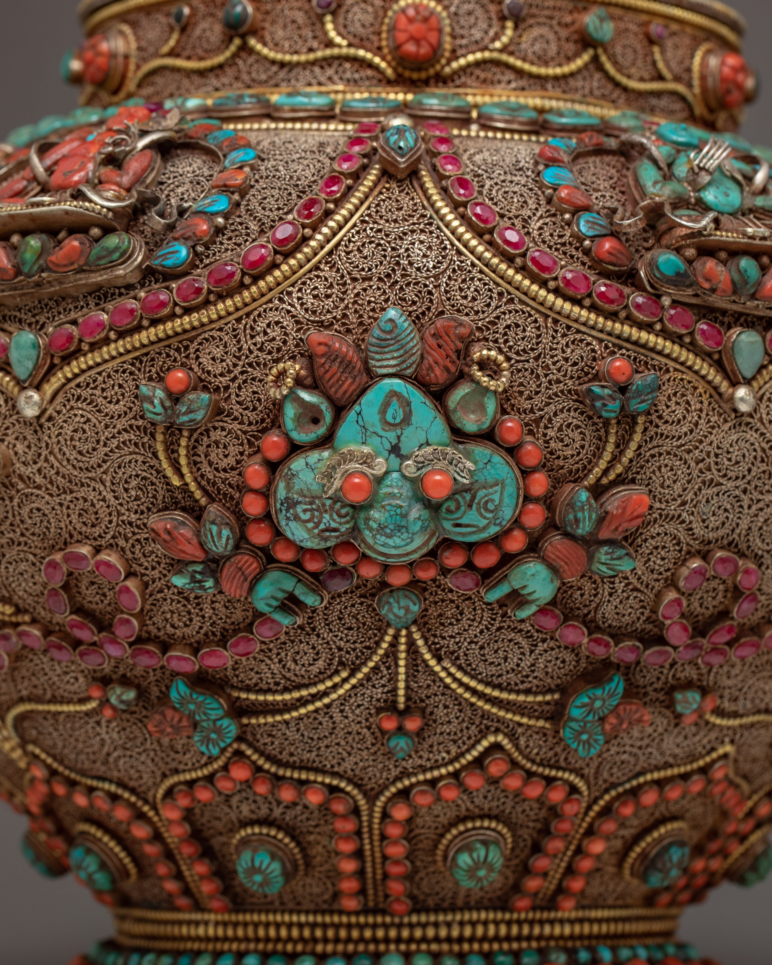 Vintage Rice Offering Bowl | Filigree Inlays Original Gemstones | Tibetan Antiques