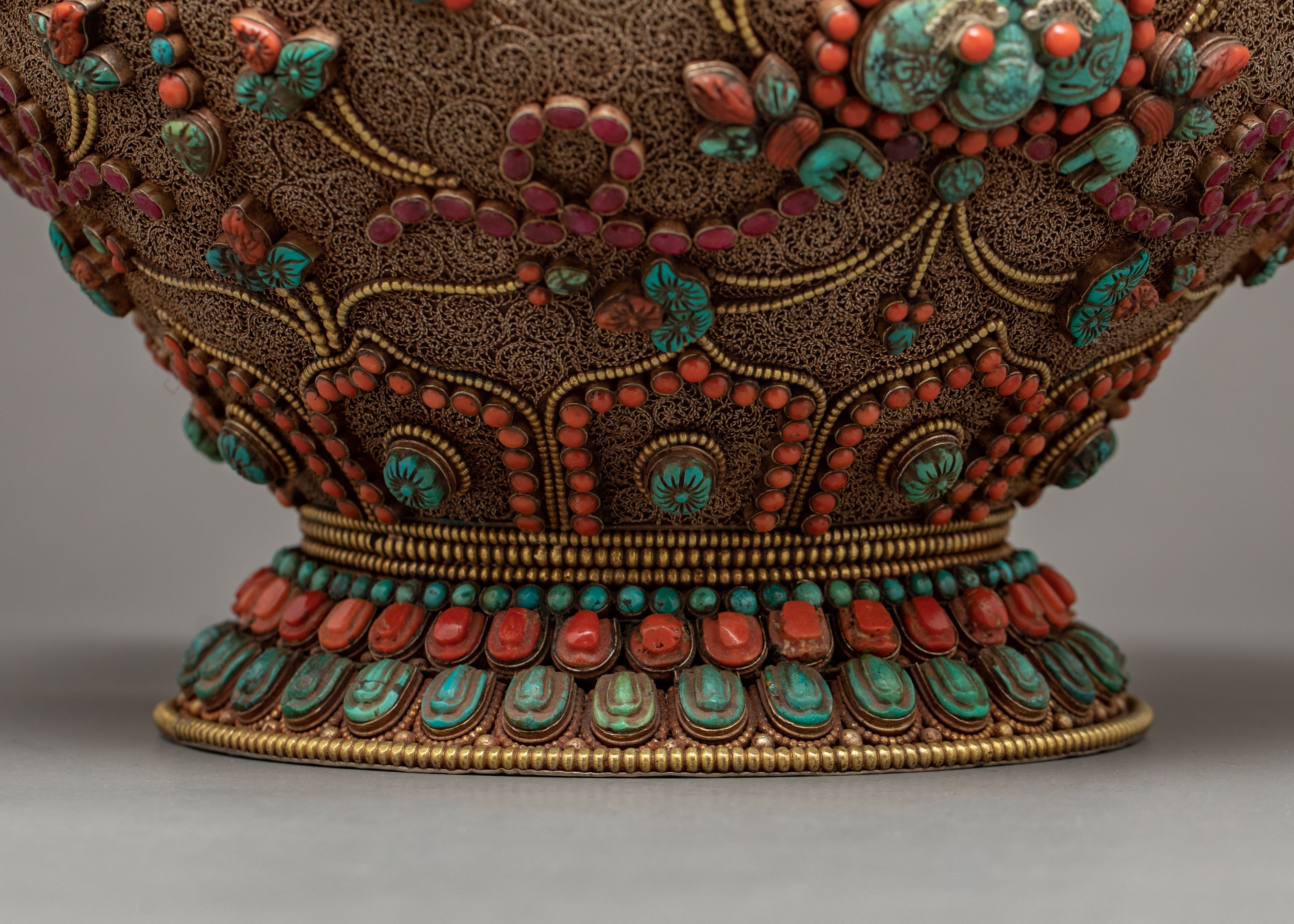 Vintage Rice Offering Bowl | Filigree Inlays Original Gemstones | Tibetan Antiques