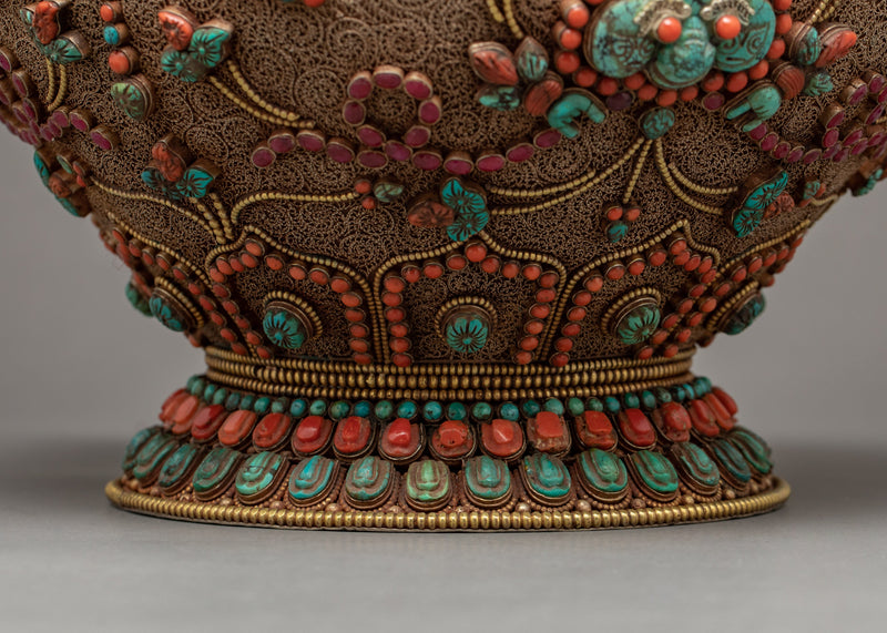Vintage Rice Offering Bowl | Filigree Inlays Original Gemstones | Tibetan Antiques