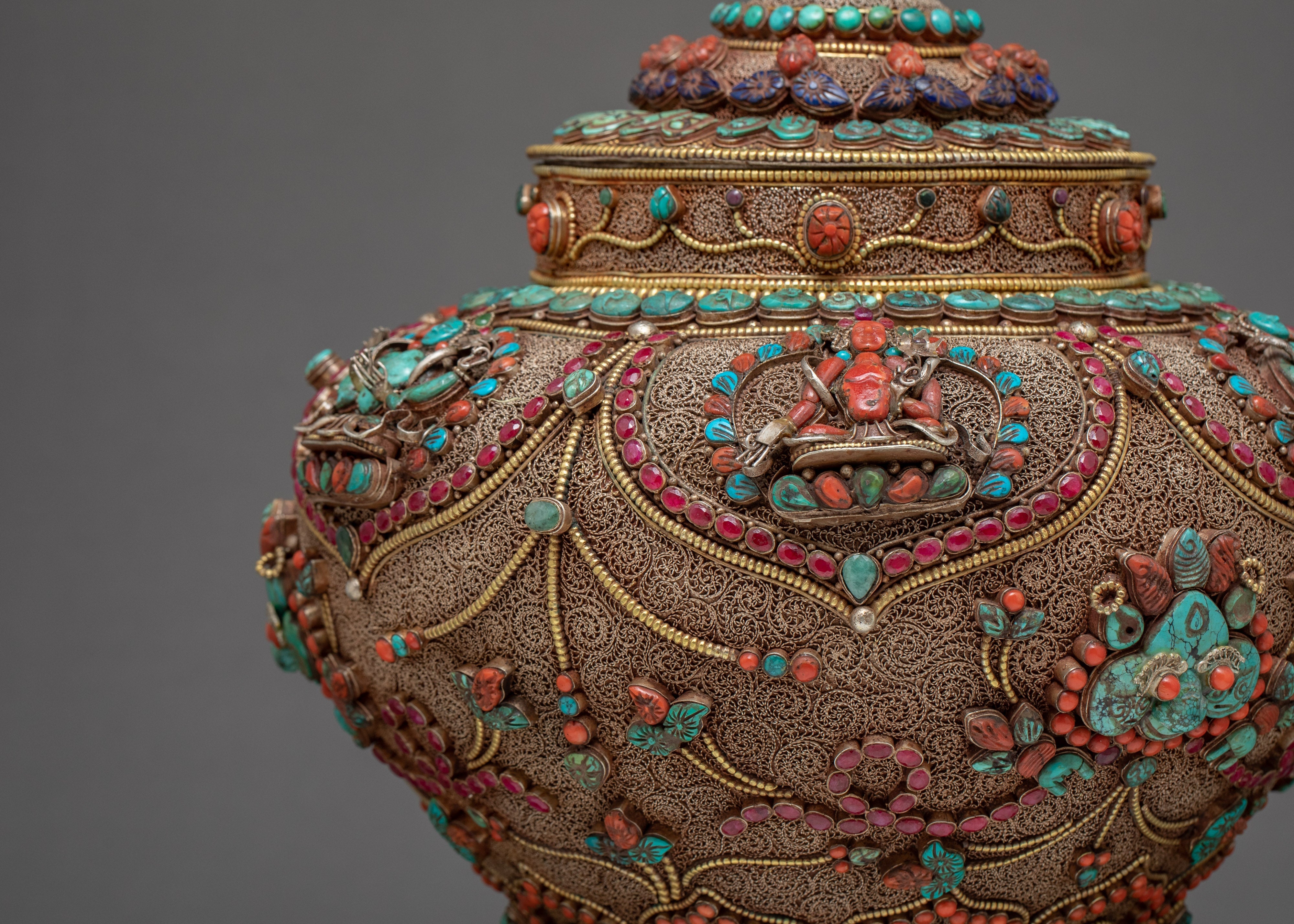 Vintage Rice Offering Bowl | Filigree Inlays Original Gemstones | Tibetan Antiques