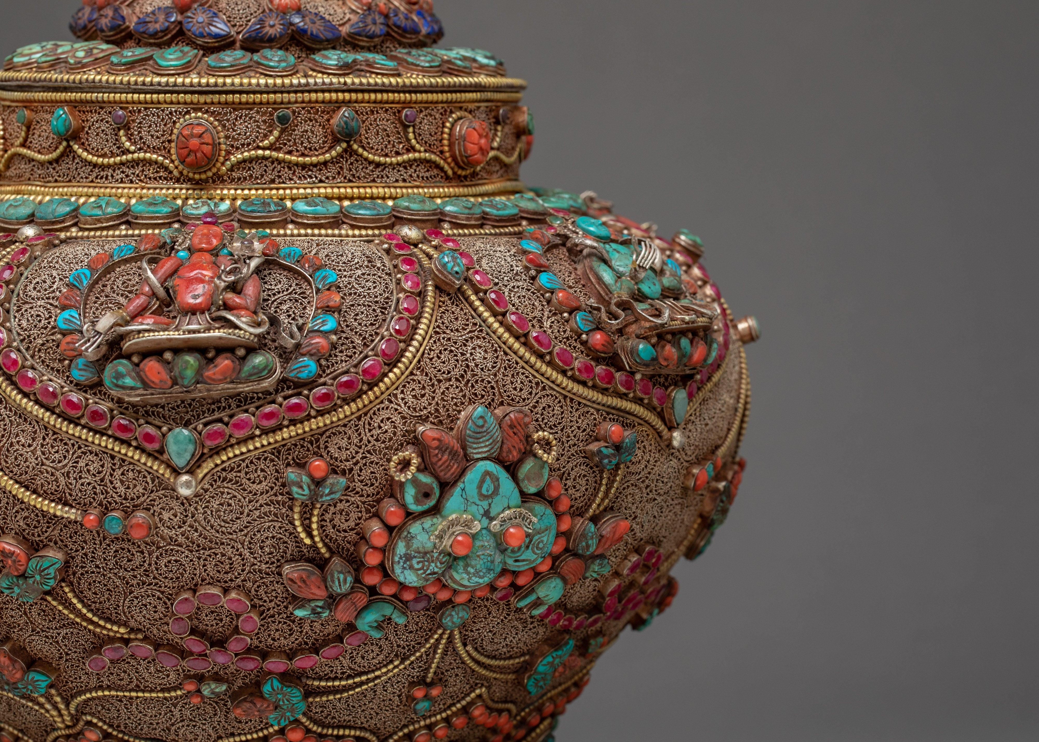 Vintage Rice Offering Bowl | Filigree Inlays Original Gemstones | Tibetan Antiques