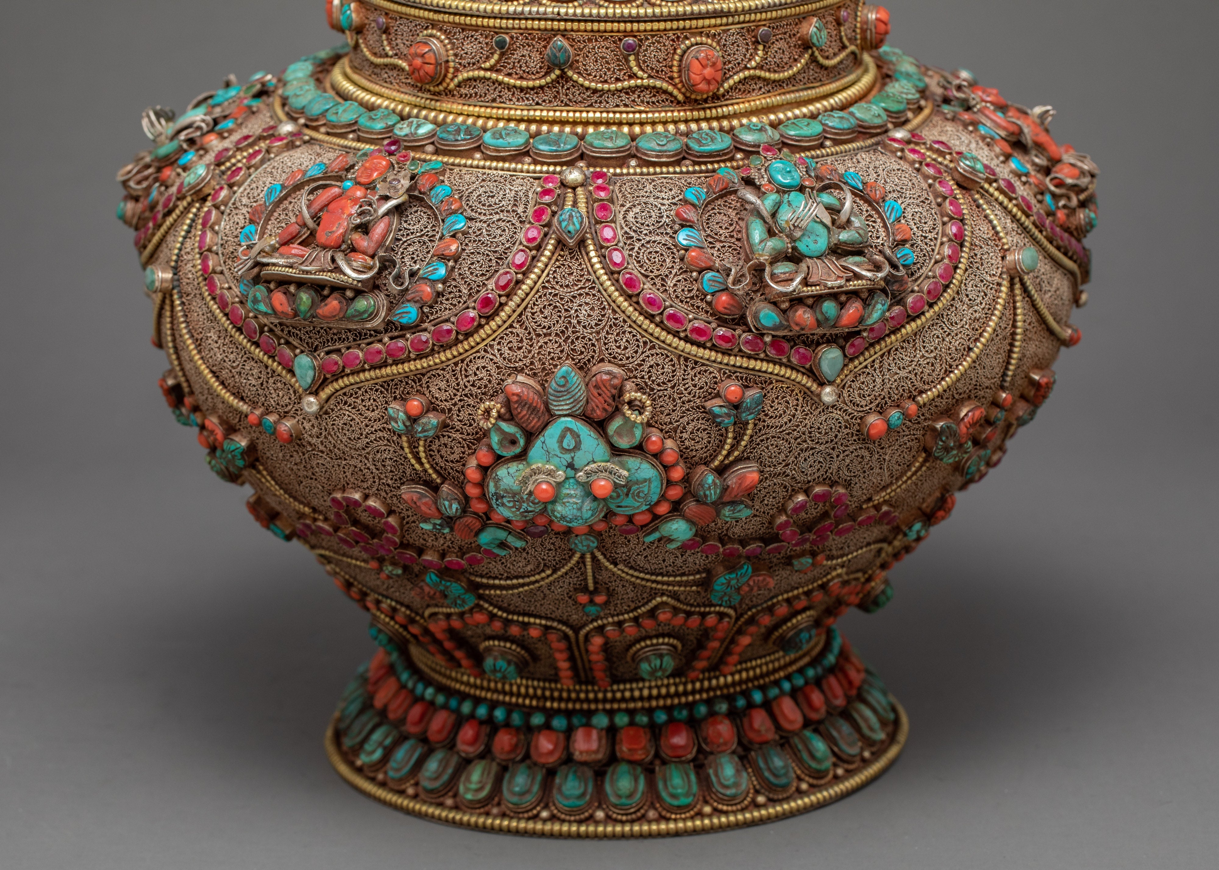 Vintage Rice Offering Bowl | Filigree Inlays Original Gemstones | Tibetan Antiques