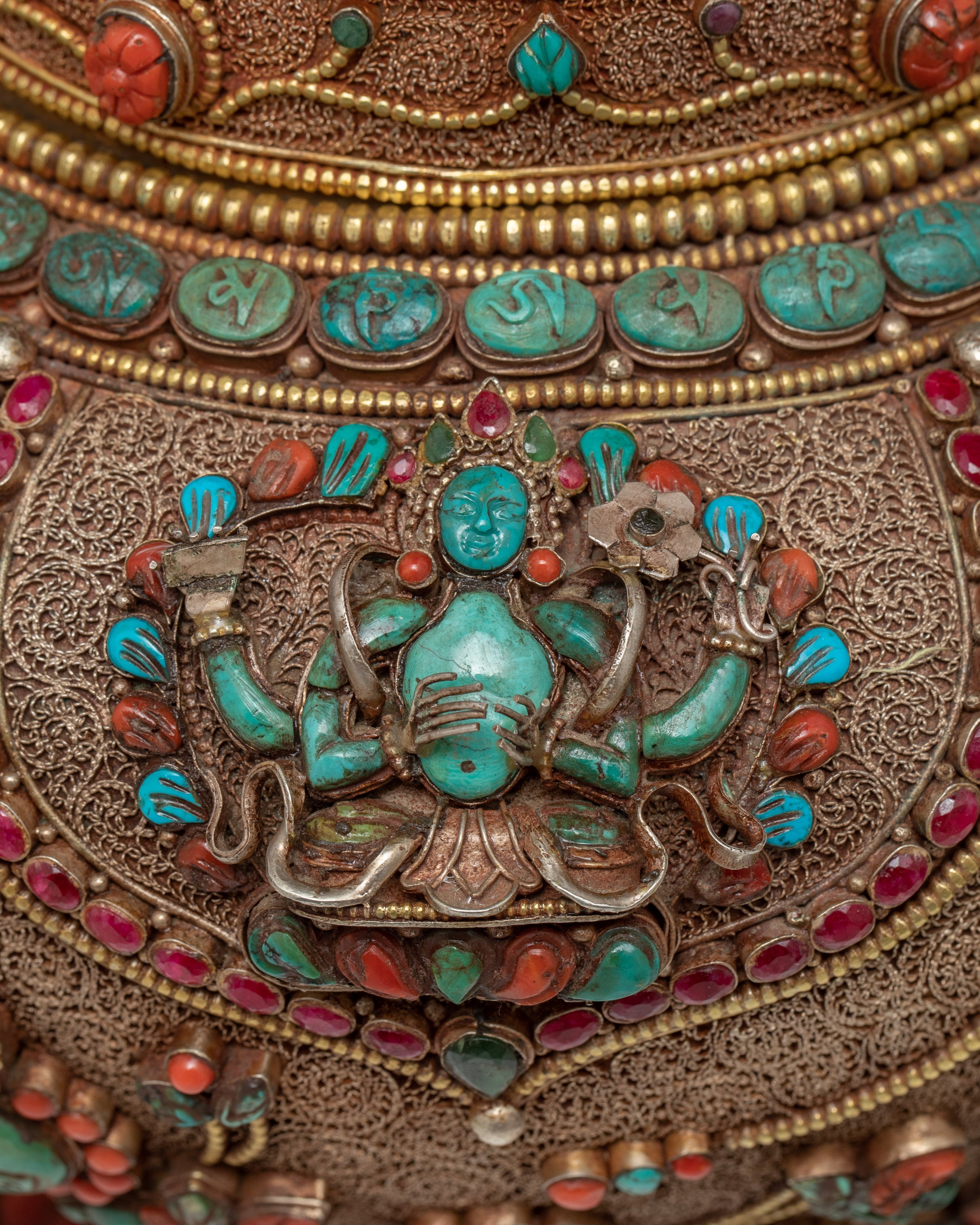 Vintage Rice Offering Bowl | Filigree Inlays Original Gemstones | Tibetan Antiques