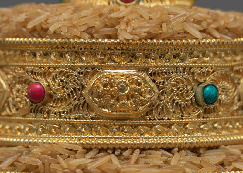 Full Gold Mandala Set | Turquoise and Corals Inlay | Buddhist Alter Offerings