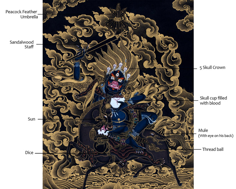 Shri Devi Magzor Gyalmo Thangka | Motherly Buddhist Protector | Black And Gold Art