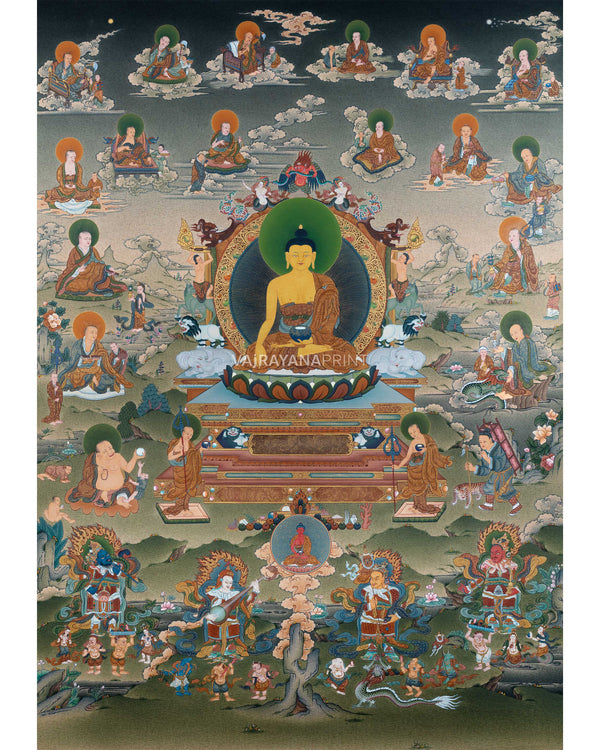 Buddha Shakyamuni and 16 Arhat Thangka