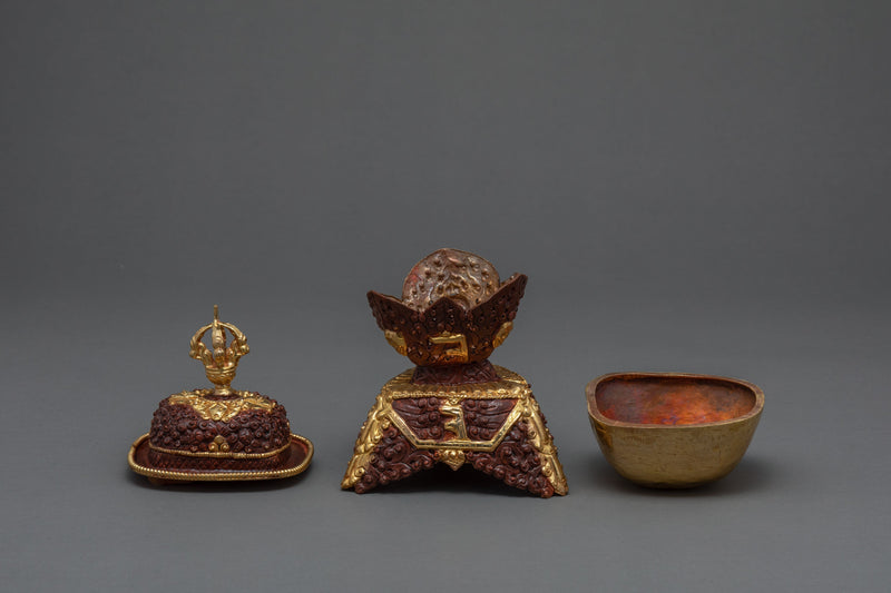 Gold Plated Kapala Skull Cup Set | Tibetan Ritual Offering for Ancient Practices | Buddhist Ceremonial Skull Cup