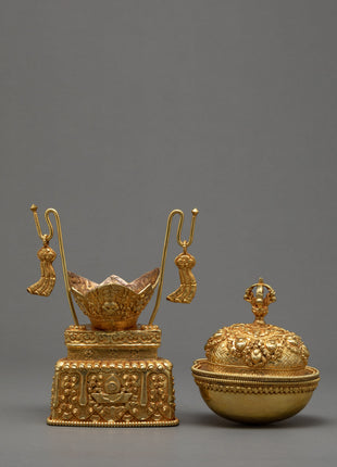 Fine Quality Kapala Set | Tantric Ritual Objects | Full Gold Skull Cup
