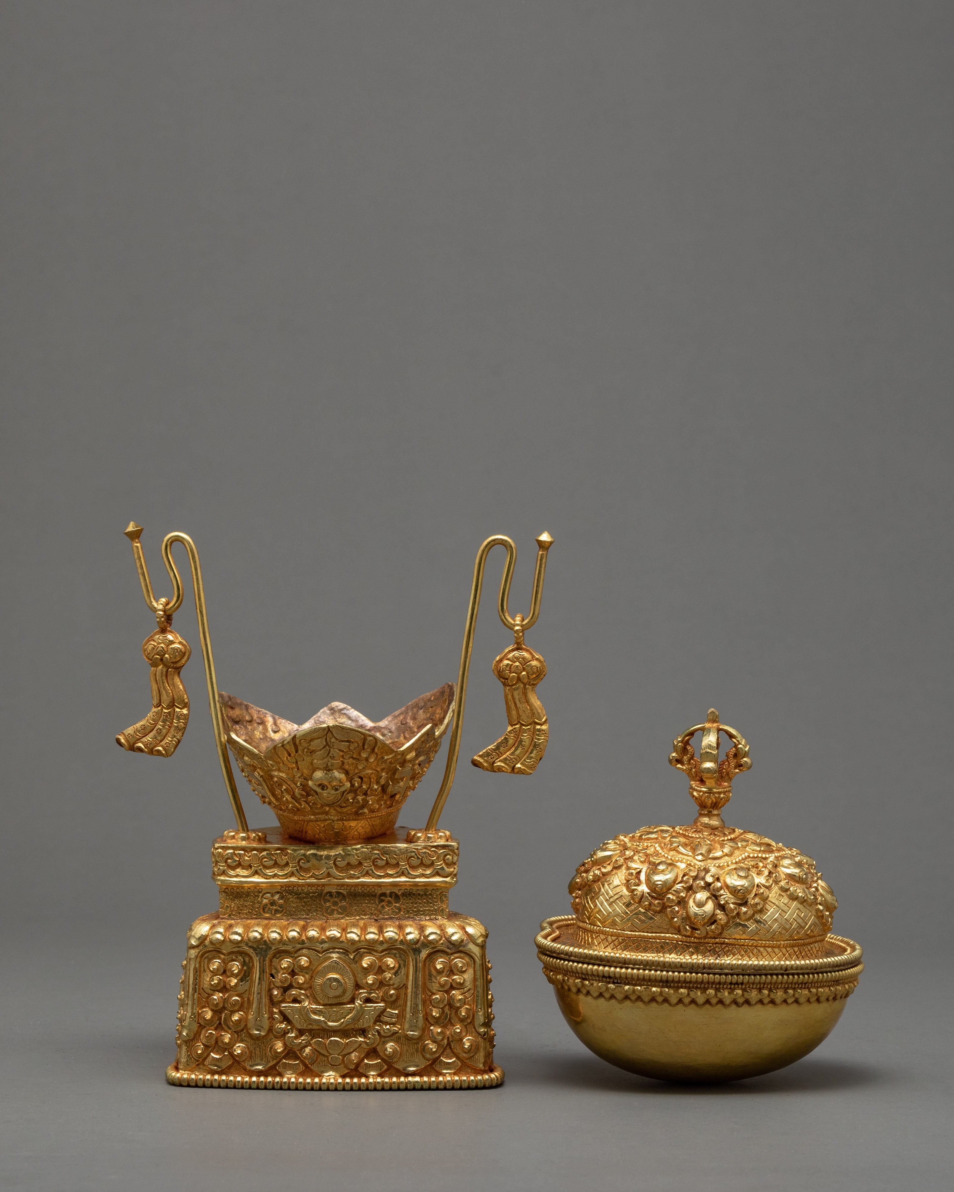 Fine Quality Kapala Set | Tantric Ritual Objects | Full Gold Skull Cup
